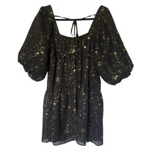 Nasty Gal Mini Dress Black Gold Star Puff Sleeve Square Neck Celestial Boho